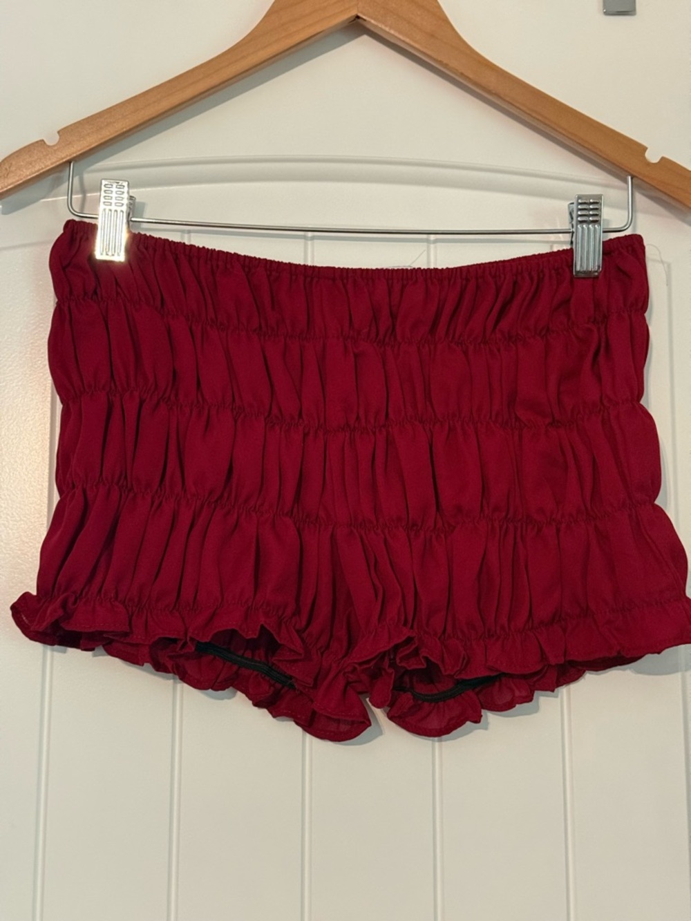 Peppermayo Smocked Ruffle Hem Shorts — Deep Wine Red